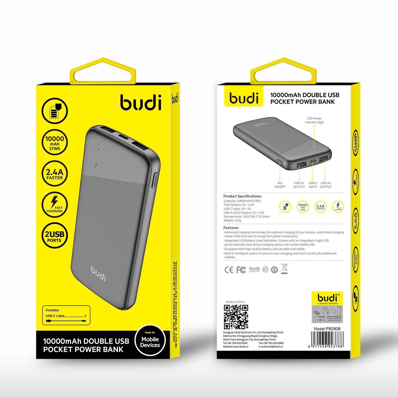 Budi - Double USB Pocket Power Bank - 10000mAh