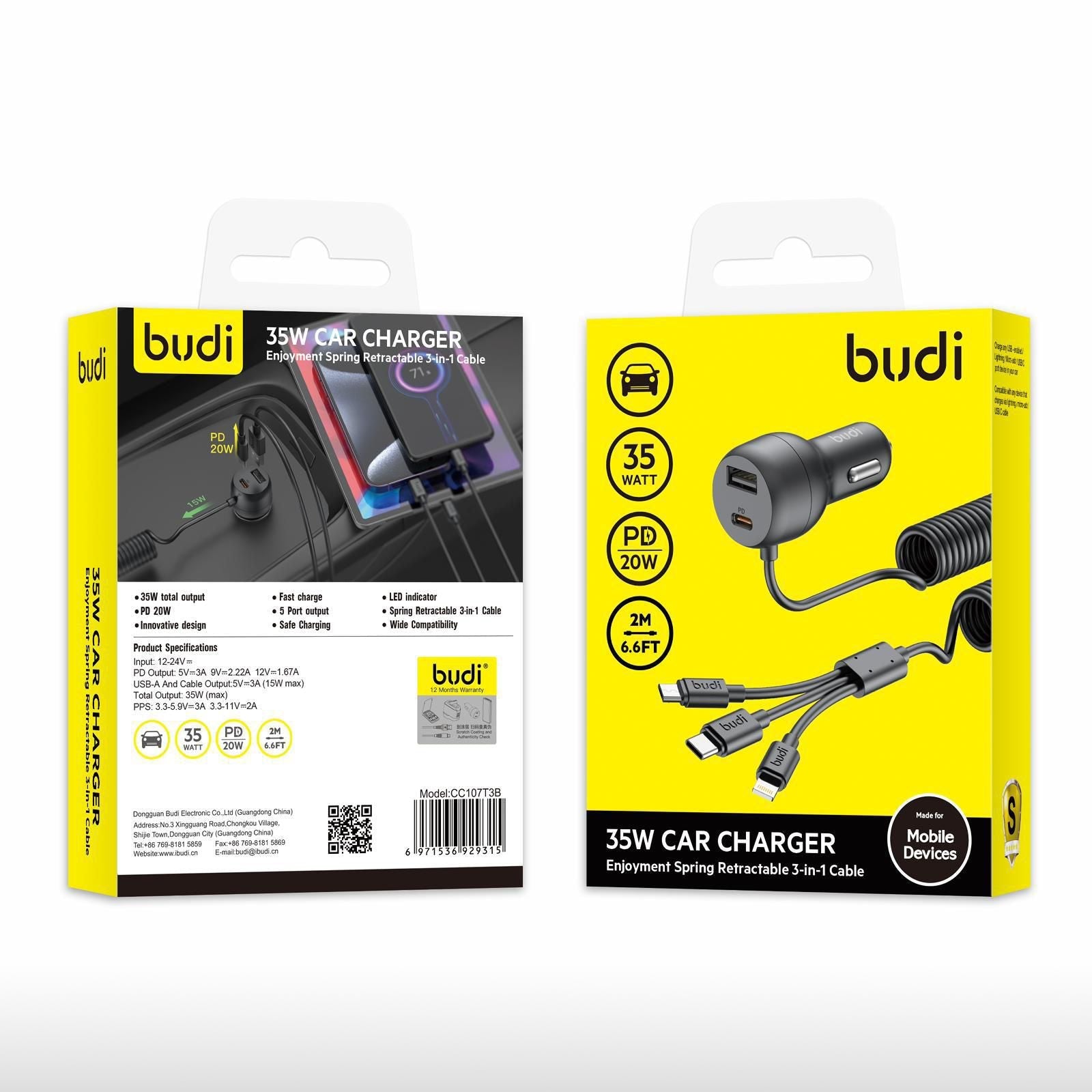Budi - Spring Retractable 3 In 1 Cable Car Charger 35W