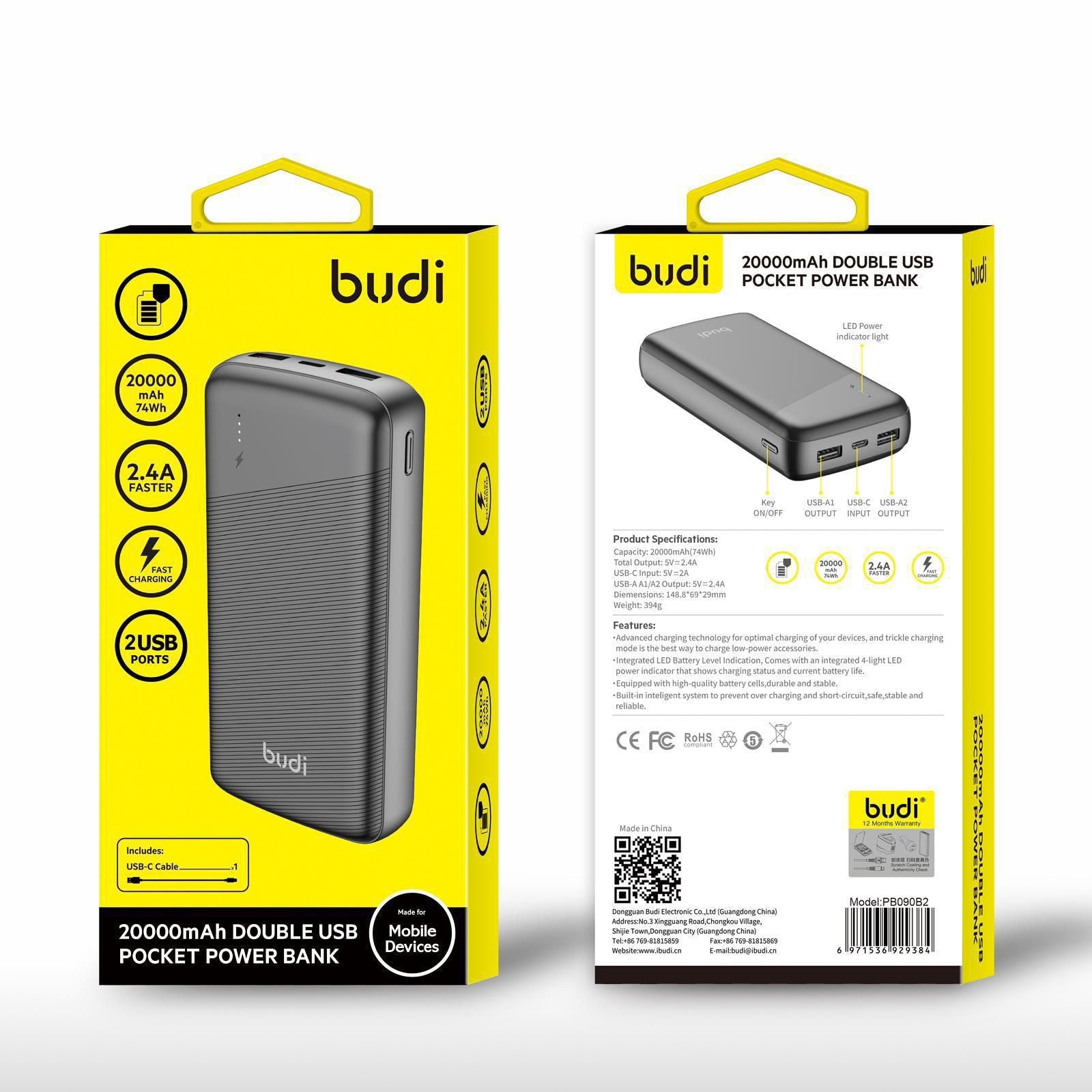 Budi - Double USB Pocket Power Bank - 20000mAh