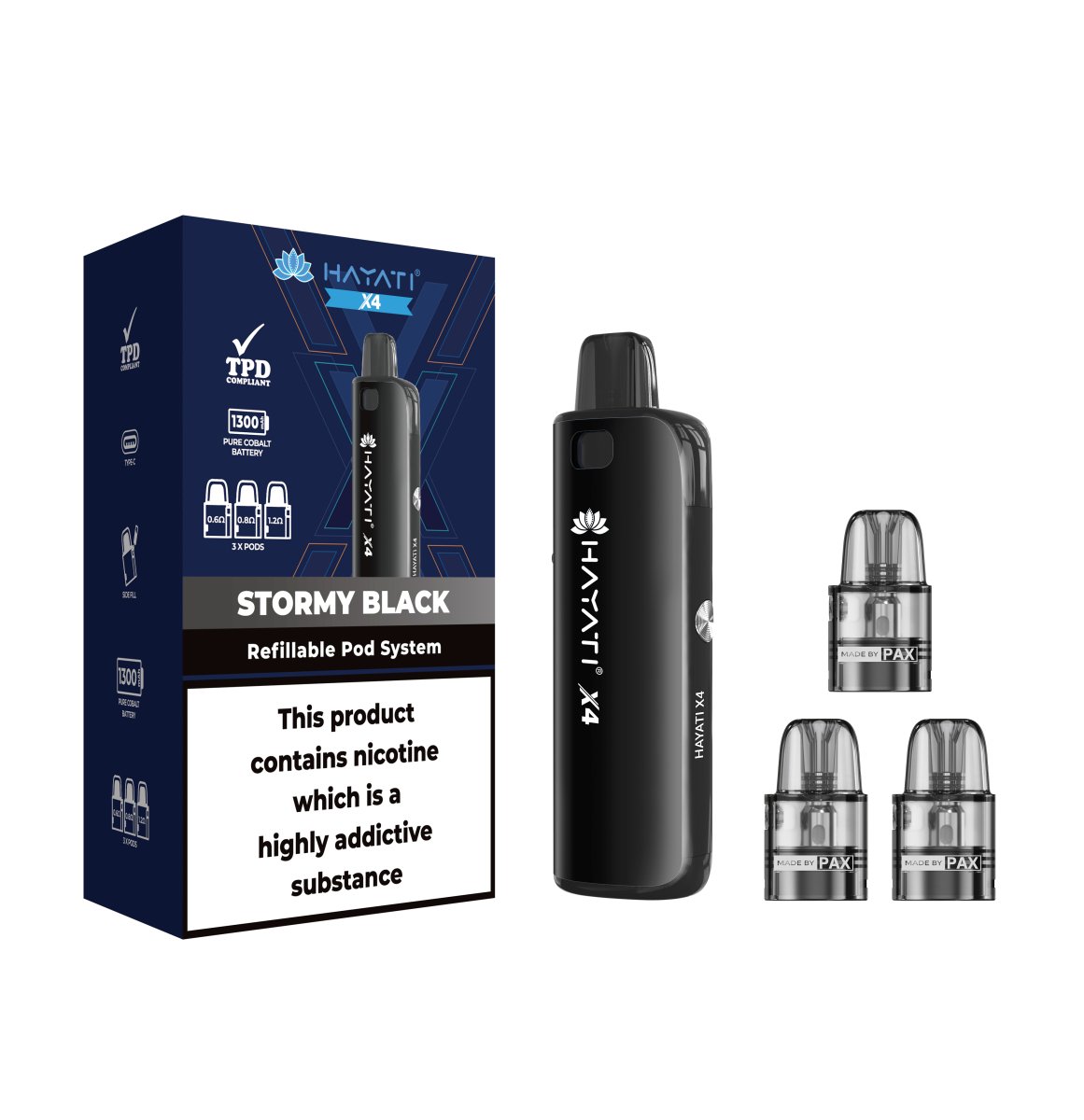 Hayati X4 Refillable Pod Vape Kit Includes 1X Nic Salts 20mg + 3x Refi Hayati X4 Refillable Pod Vape Kit Includes 1X Nic Salts 20mg + 3x Refi