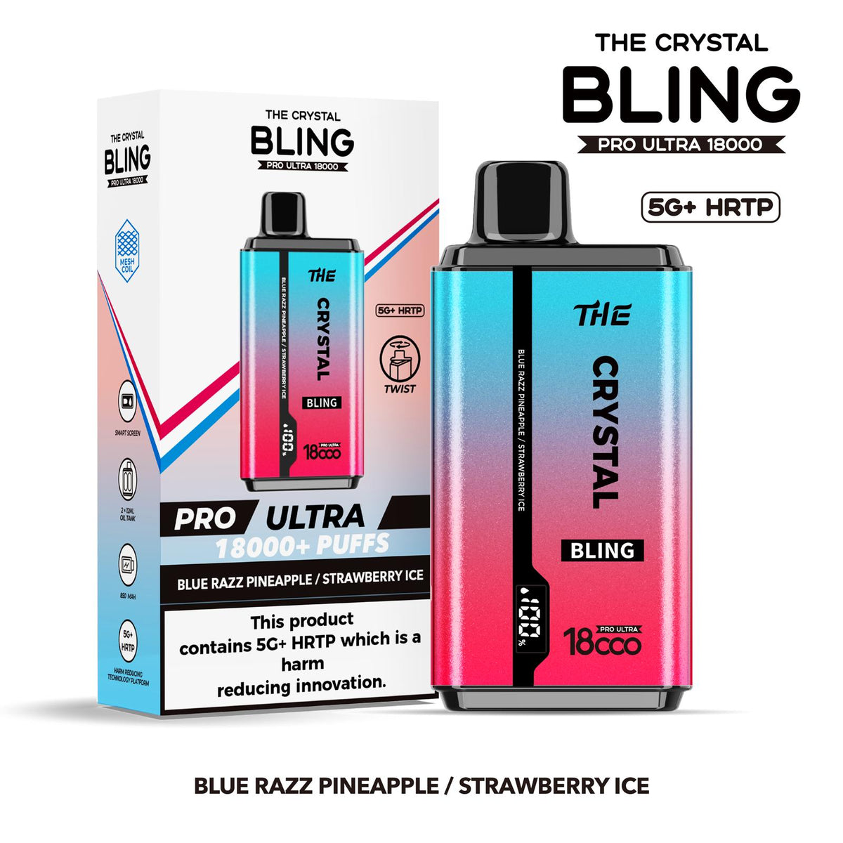 The Crystal Bling Pro Ultra 18000 Disposable Vape Box of 5 - Blue Razz Pineapple / Strawberry Ice - vapeukwholesale