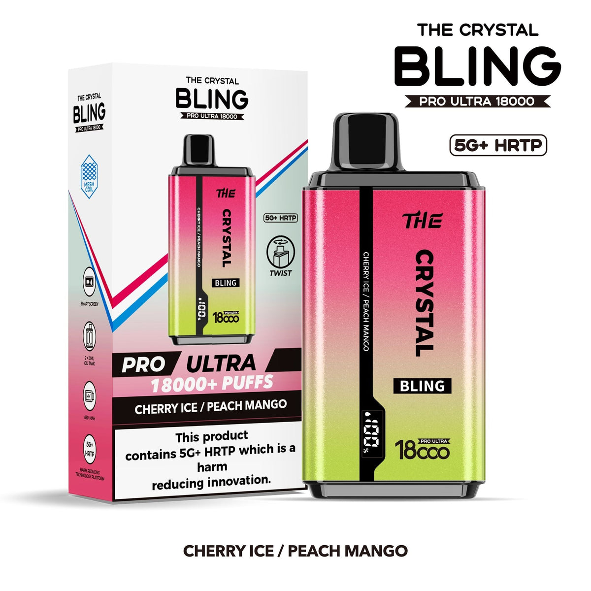 The Crystal Bling Pro Ultra 18000 Disposable Vape Box of 5 - Cherry Ice / Peach Mango - vapeukwholesale