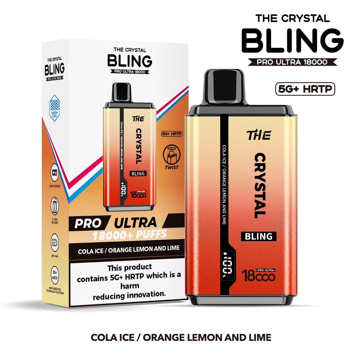 The Crystal Bling Pro Ultra 18000 Disposable Vape Box of 5 - Cola Ice / Orange Lemon and Lime - vapeukwholesale