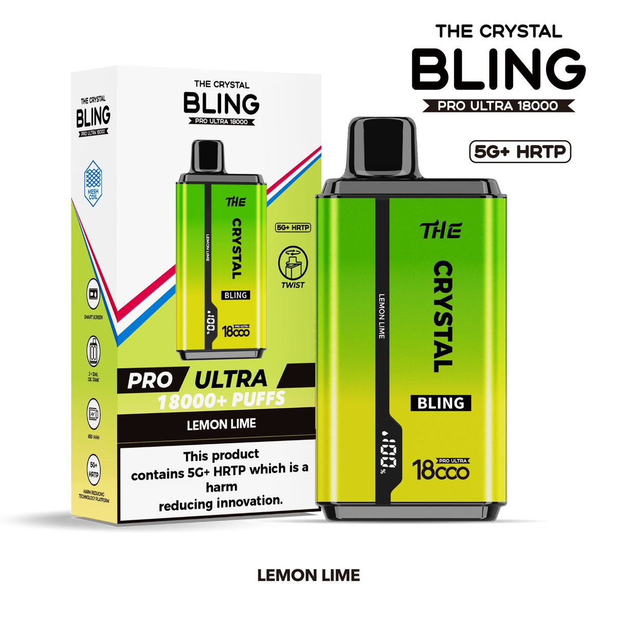 The Crystal Bling Pro Ultra 18000 Disposable Vape Box of 5 - Lemon Lime - vapeukwholesale